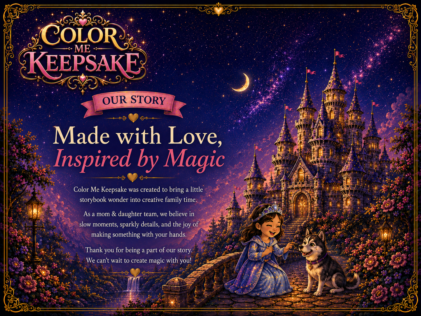 Our Story page with fairytale castle, princess girl, and husky