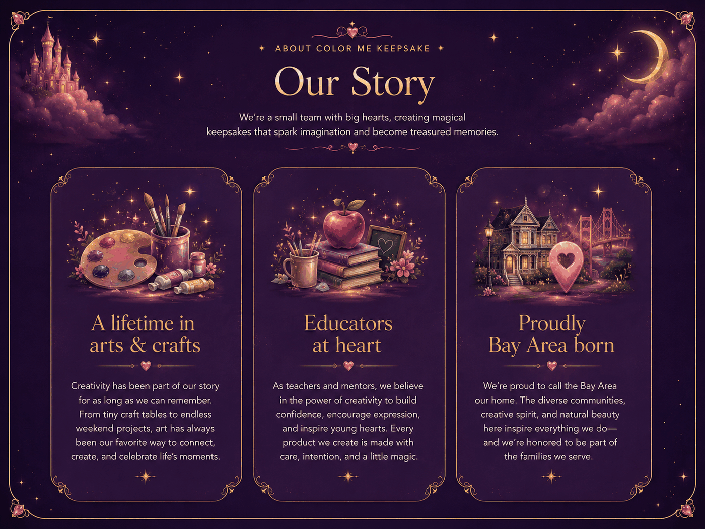Magical Our Story artwork with arts and crafts, educators at heart, and Bay Area roots