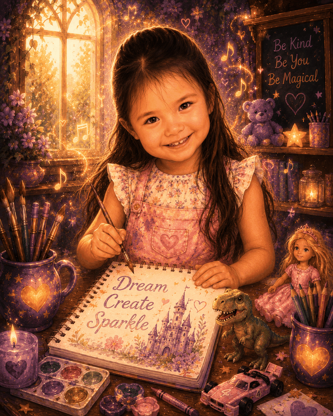Storybook-style illustration of Amelia painting at a magical craft table