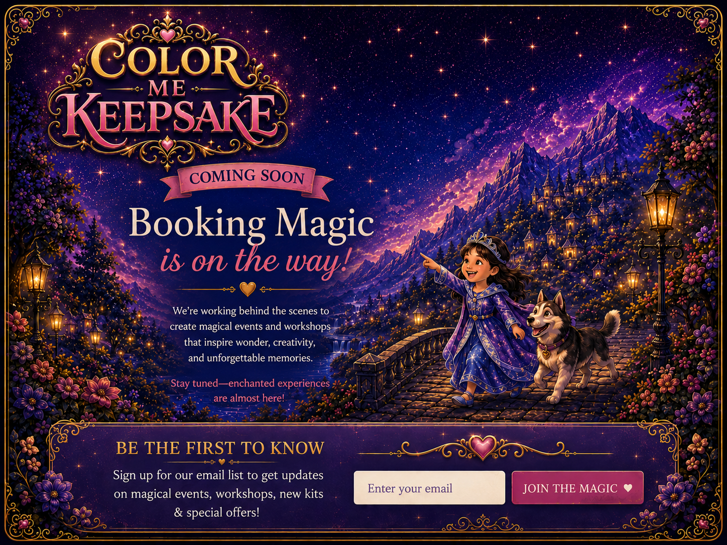 Booking Magic is on the way with a princess girl and husky in a fairytale landscape