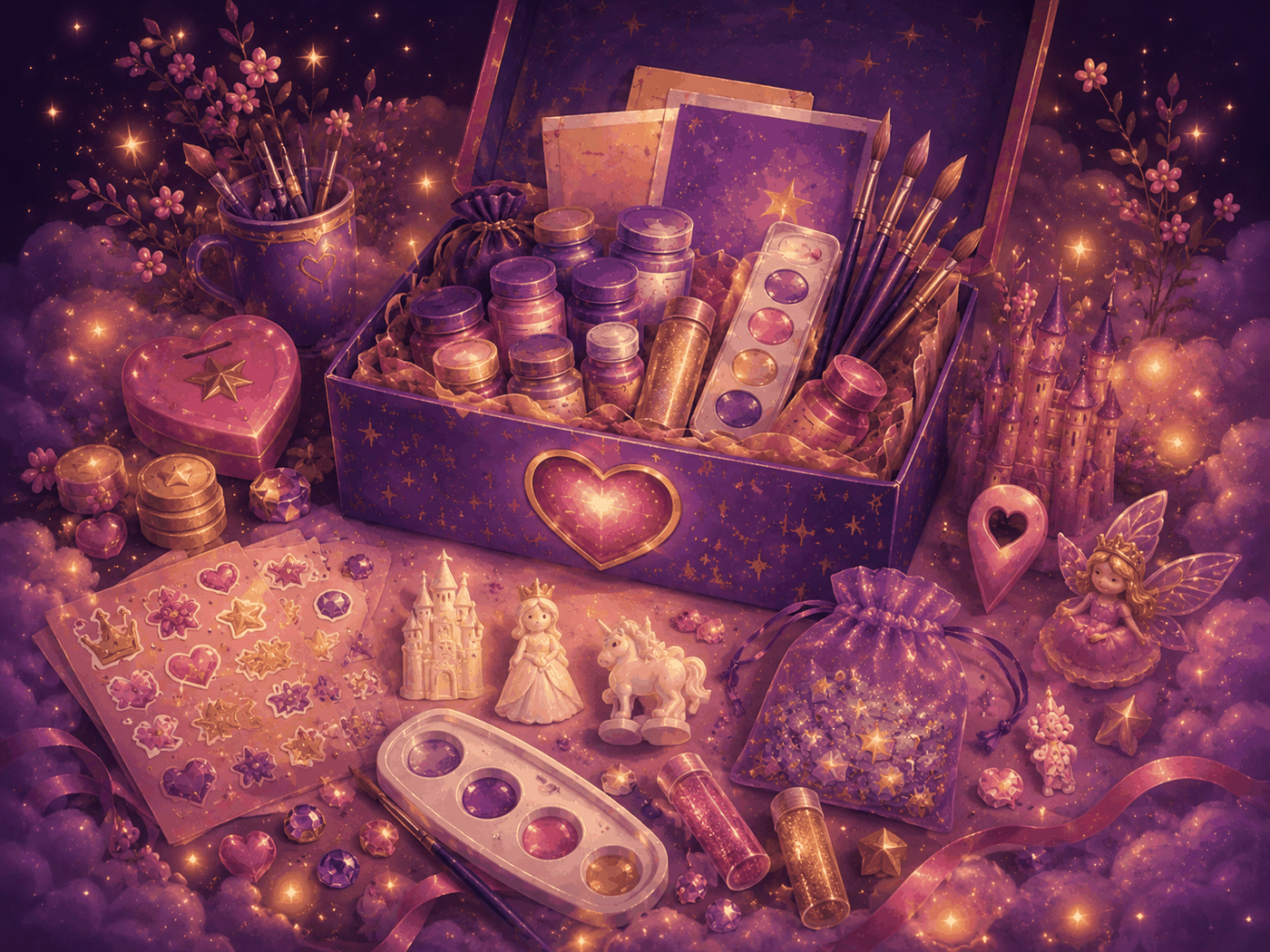 Magical keepsake box filled with paints, brushes, and keepsakes