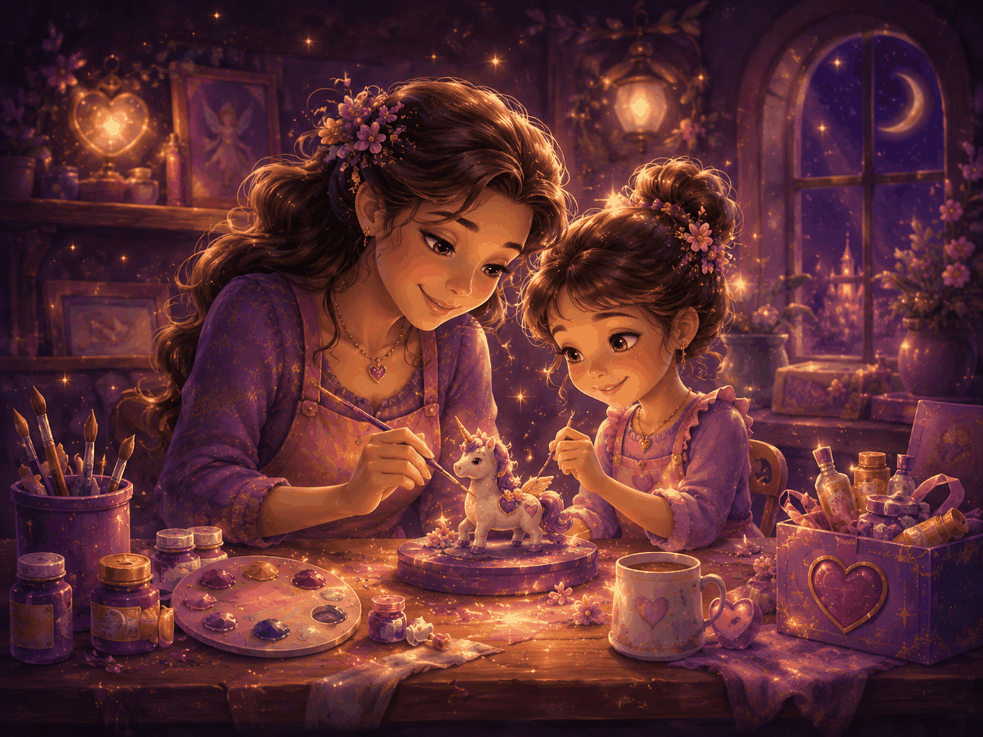 Mother and daughter painting a magical keepsake together