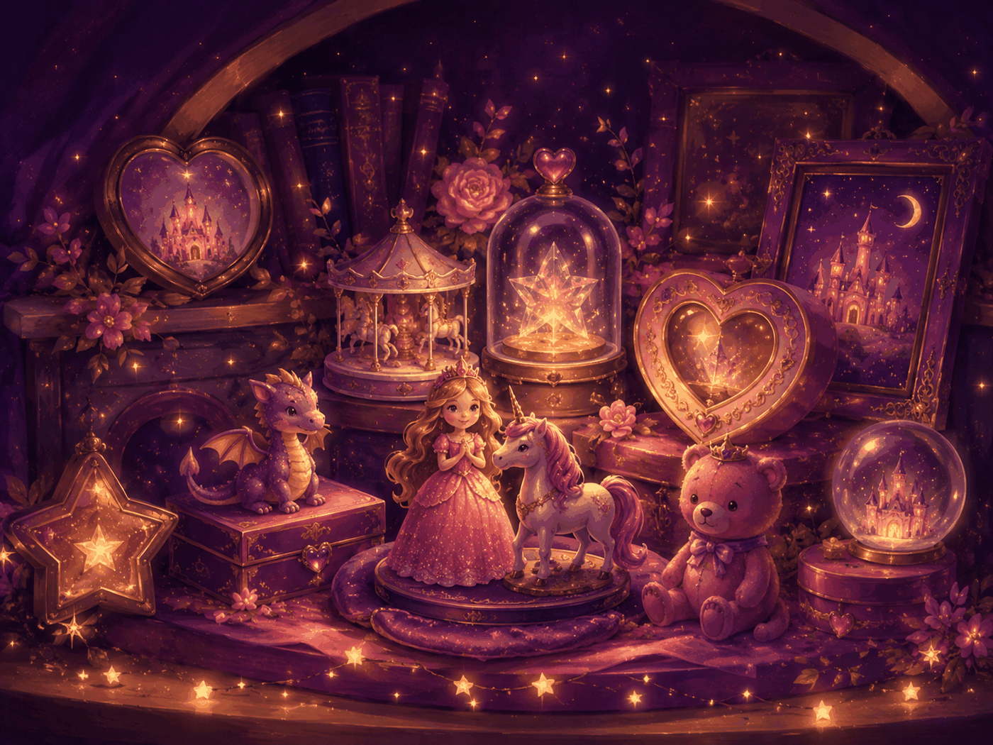 Enchanted castle craft party scene glowing under the stars