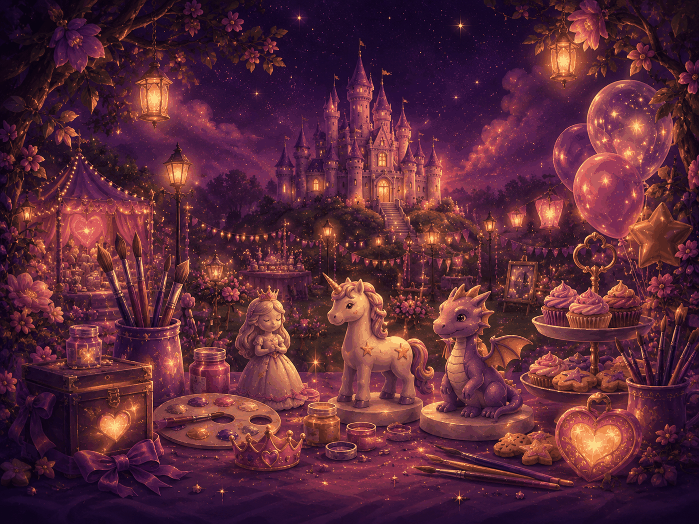 Whimsical keepsakes displayed on a glowing magical shelf