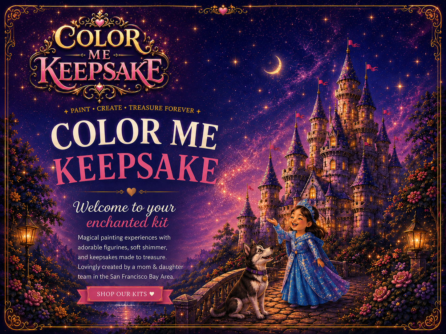 Color Me Keepsake cohesive magical homepage hero scene with castle, girl, dog, and integrated decorative header