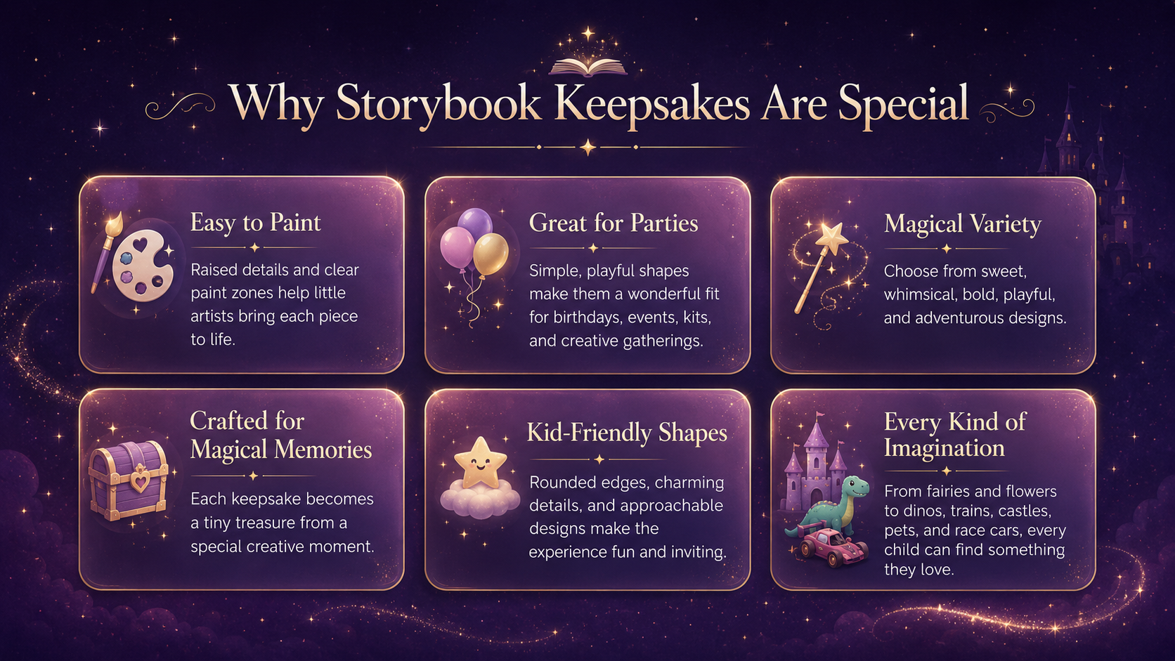 Why Storybook Keepsakes Are Special — illustrated magical section with six benefits