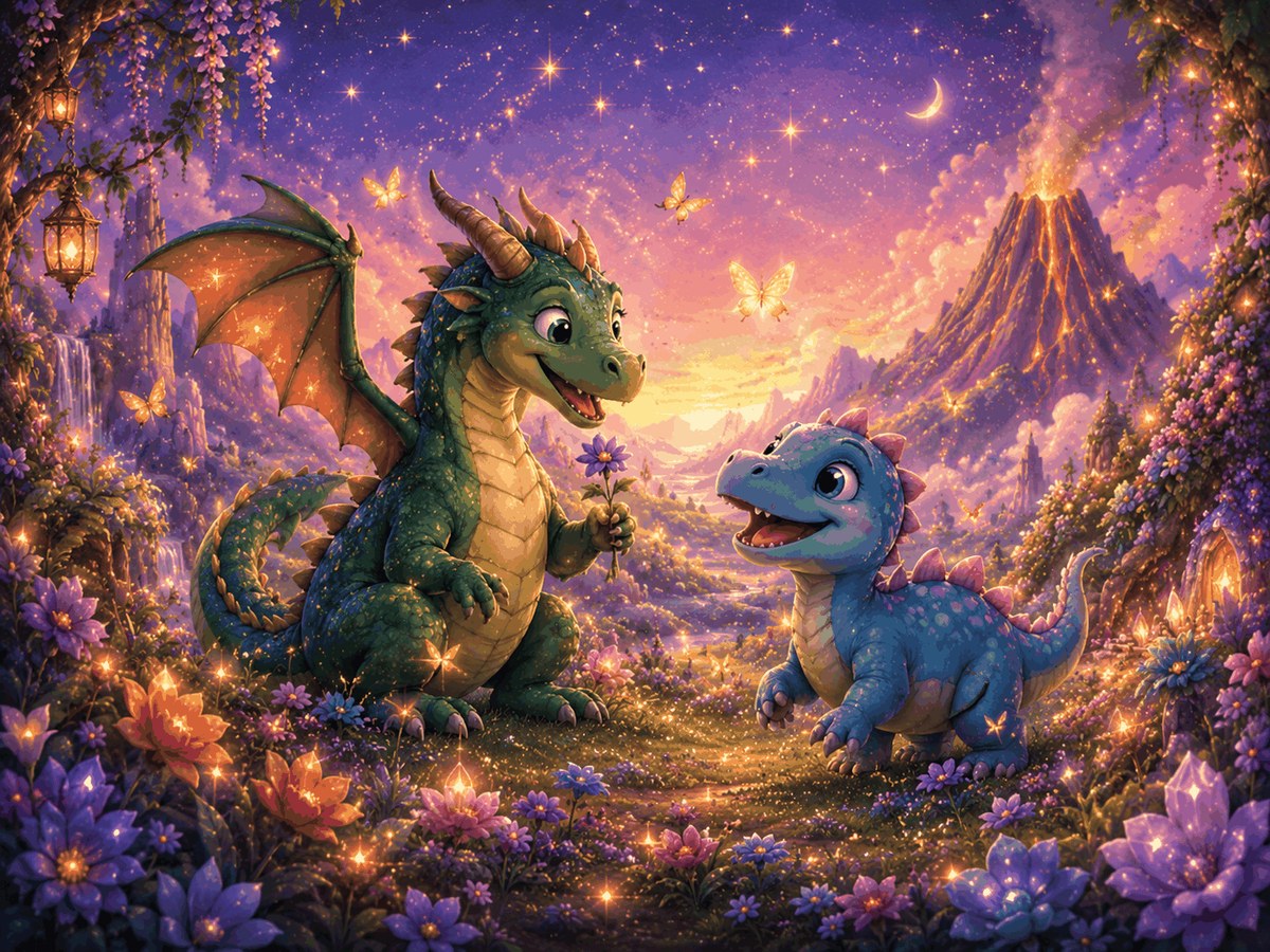 Dragons and Dinosaurs magical Storybook style illustration