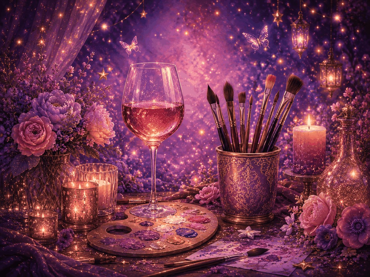 Sip, Paint, Slay magical Storybook style illustration